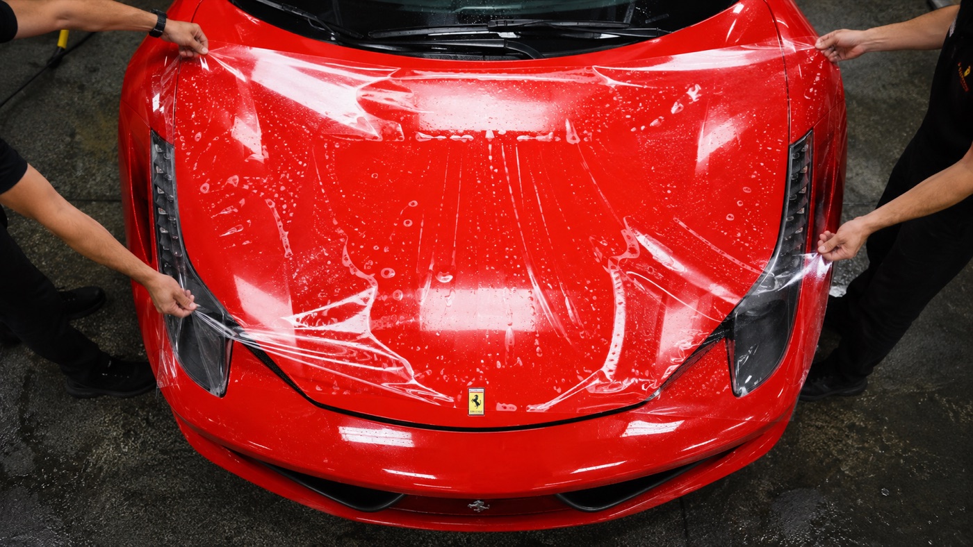 Paint protection film being installed on the hood of a red Ferrari 458
